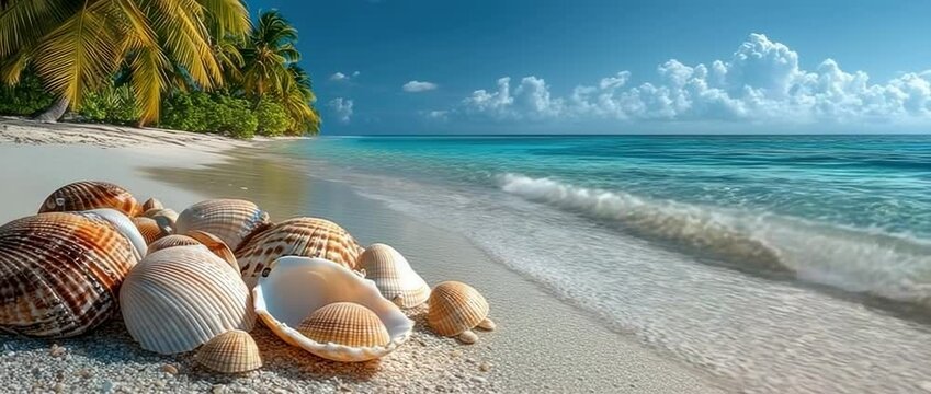 Serene shoreline with shells glistening in the sun and calm turquoise waters lapping gently at the beach