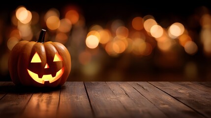 Glowing halloween jack-o-lantern on wooden table bokeh lights background festive spooky atmosphere