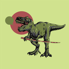 Cartoon Dinosaur With Sword in Hand in Whimsical Green Backdrop