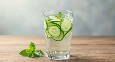 Fototapeta premium English Cucumber Infused in Chilled Water With Fresh Mint for Refreshing Wellness Drink