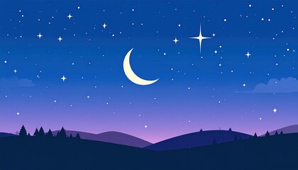 Naklejka premium Night sky with moon and stars over a serene landscape.