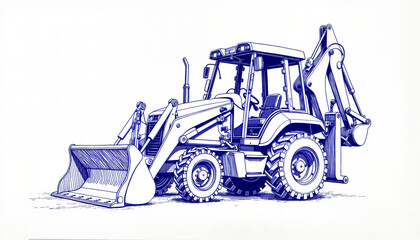 Naklejka premium Vintage sketch of a construction tractor in blue ink on white background 