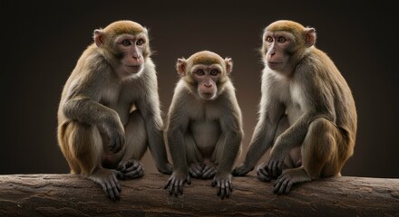 Naklejka premium Three macaques on a branch posing for a portrait style photograph against black