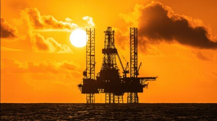 Obraz premium Dramatic offshore oil rig silhouette against a stunning sunset with warm golden-orange sky, wispy clouds, and dark rippled sea meeting the horizon.