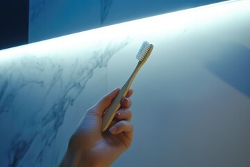 A hand holds a bamboo toothbrush against a blue-lit background, promoting eco-friendly oral hygiene.