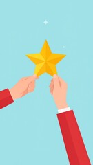 Hands holding a golden star against a blue background.