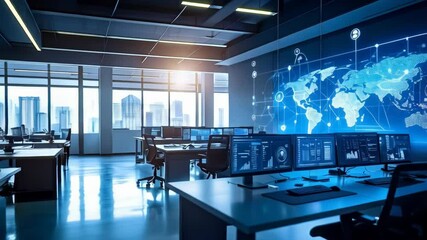 Bright office workspace with computers displaying data dashboards and a world map overlay, emphasizing network connections and global communication. - Powered by Adobe