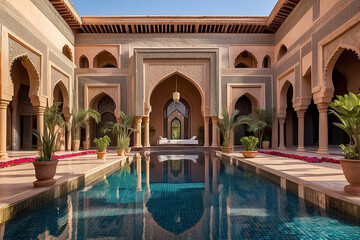 Marrakech Luxury Hotel Pool Courtyard Peach Walls Teal Water