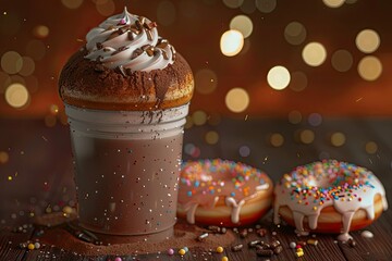 Sharp Picture of a Chocolate Iced Drink with a Donut and a Donut with Sprinkles on Top