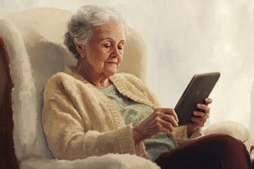 An elderly woman sits comfortably in a chair, engrossed in using a tablet, enjoying technology in her later years.