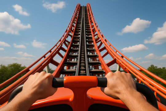 Roller Coaster Thrill Ride: Capture the exhilarating view of a thrilling roller coaster ride from the first-person perspective, showcasing the steep climb and anticipating the adrenaline rush.