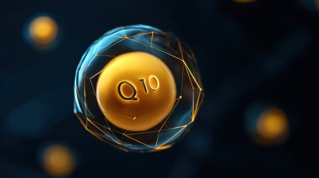 Abstract 3D coenzyme Q10 molecule in spherical structure with dark background