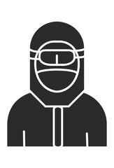 Person in protective suit, goggles, and mask.
Icon of individual wearing personal protective equipment.
