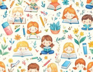 Watercolor pattern Children reading books surrounded by flowers pencils and school supplies