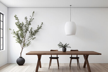 Minimalist White Room Dark Wood Dining Table Two Chairs Plants
