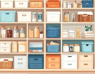 Organized pantry shelves with various food storage containers jars and boxes