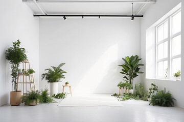 Minimalist White Studio Room Plants Soft Lighting White Floor
