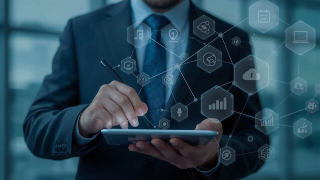 businessman touching digital tablet with social network