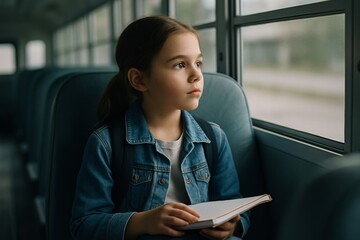 Pensive young girl in denim jacket looking out school bus window holding notebook