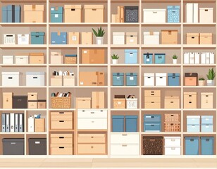 Organized storage shelves with various boxes files and baskets Neatly arranged items in a light wood shelving unit