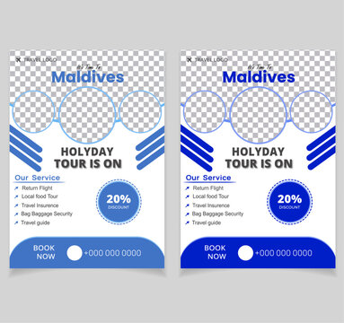 Template design for a modern travel flyer with venue and contact details. Promotional design for summer travel agencies.
