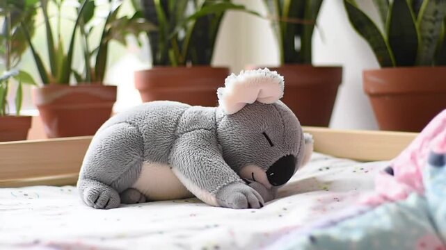 Sleeping plush koala bear on a patterned blanket with potted plants in the background on a bright day