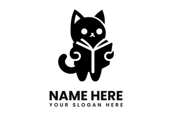 A stylized black cat, standing upright, engrossed in reading a book, with text below.
