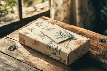 A gift box with floral pattern rests on a rustic wooden table near a window, bathed in sunlight.