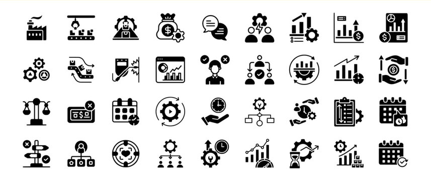 Black Glyph Icons Collection Business Process Management Workflow