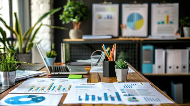 Small office with branding materials and business charts stock photo --ar 16:9 --raw --v 6 Job ID: 5395a24d-50ae-4226-af59-cd06e43b9e27 - Powered by Adobe