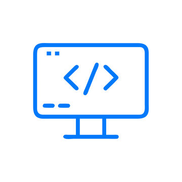 Desktop with code icon in blue outline style