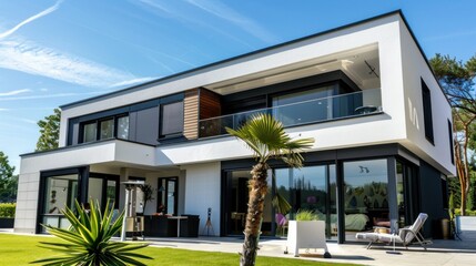 Stylish exterior of a modern house in a suburban setting stock photo --ar 16:9 --raw --v 6 Job ID: 6a80917a-5b82-4708-963d-d016ecc1bd77