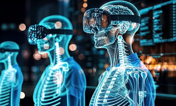 Virtual reality headset worn by a digital human anatomy overlay - Powered by Adobe
