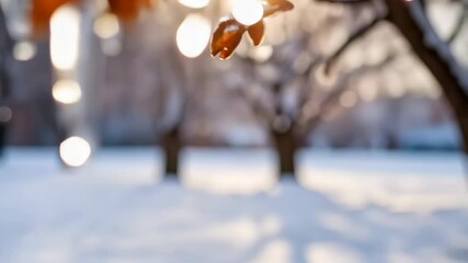 Frozen tree branch with icicles and snow during the winter season after an ice storm, with dried buds and blurry backdrop. - Powered by Adobe