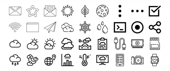Black Line Icon Collection of Weather Technology and Communication Symbols