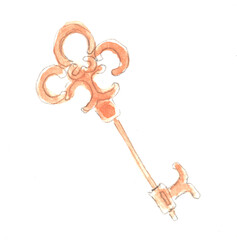 Retro Key. Watercolor illustration, hand drawn modern freehand new