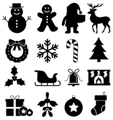 A collection of black silhouette christmas icons isolated on white background. Vector illustration.