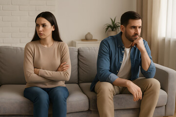 Fototapeta premium Distressed couple sitting apart on a sofa during a disagreement 