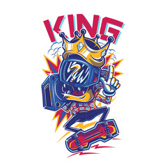 vector Urban Street Art Poster King character of Beats Blue, Red, Yellow Vibrant Graffiti Art music and Skate and crown