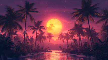 Tropical Sunset Paradise; Palm Trees; Moonlight; Calm River; Vivid Colors; Digital Art; Scenic; Island Escape; Dreamy Atmosphere