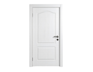 White interior door with metal handle and panel design isolated on transparency background
