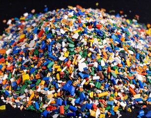 Obraz premium Chips from recycling multi-colored plastic on a black background, environmentally friendly, ecology, recycling