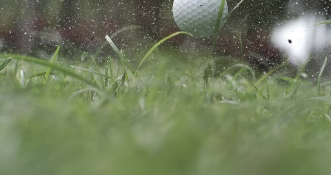 Unsuccessful Golf club hits a golf ball in a super slow motion. Drops of morning dew and grass particles rise into the air after the impact. Shot on super slow motion camera 1000 fps.