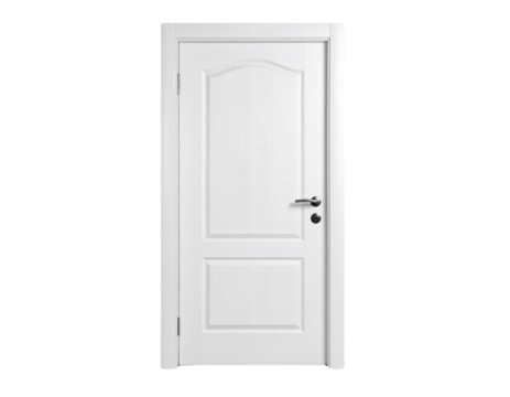 White interior door with metal handle and panel design isolated on transparency background