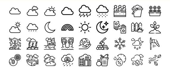 Collection of Black Line Weather Gardening Icons Set
