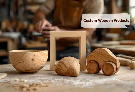 Wooden toys and bowl displayed on workbench in carpentry shop  