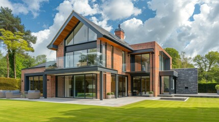 Modern house exterior in the UK with brick and glass design stock photo --ar 16:9 --raw --v 6 Job ID: 1a7fa115-2b48-47d2-905e-bfa909c66ceb