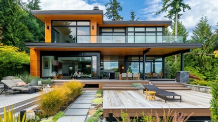 Fototapeta premium Modern house in Canada with scenic surroundings and large deck stock photo --ar 16:9 --raw --v 6 Job ID: 972637e3-cd6c-4c6b-844f-bd6c179b4459