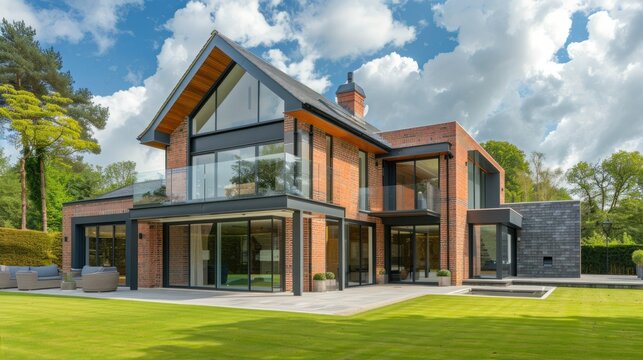 Modern house exterior in the UK with brick and glass design stock photo --ar 16:9 --raw --v 6 Job ID: 1a7fa115-2b48-47d2-905e-bfa909c66ceb