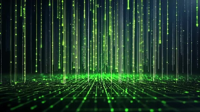 An abstract digital background featuring vertical lines of glowing green light particles, resembling a data rain or matrix effect. 